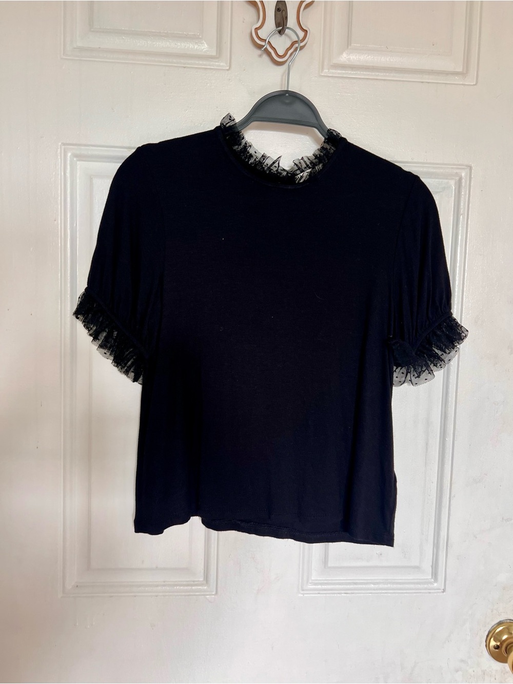 Eri + Ali | Black Women's Short Sleeve Top with Lace Trim